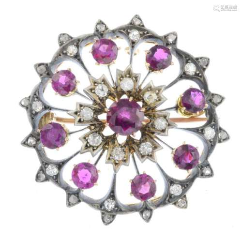 An early 20th century ruby and diamond brooch. The