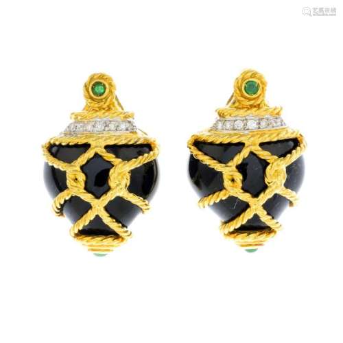 A pair of 18ct gold diamond, emerald and enamel