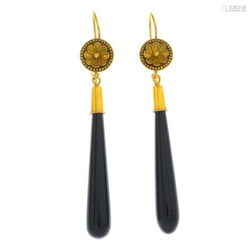 A pair of late Victorian 15ct gold onyx earrings. Each