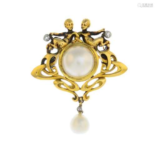 A mabe pearl and cultured pearl brooch. Designed as two