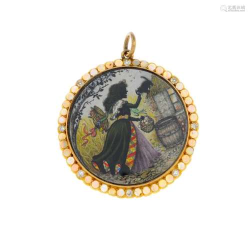 An opal, diamond and enamel pendant. The circular