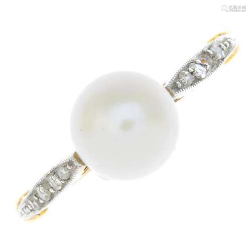A mid 20th century 18ct gold pearl and diamond ring.