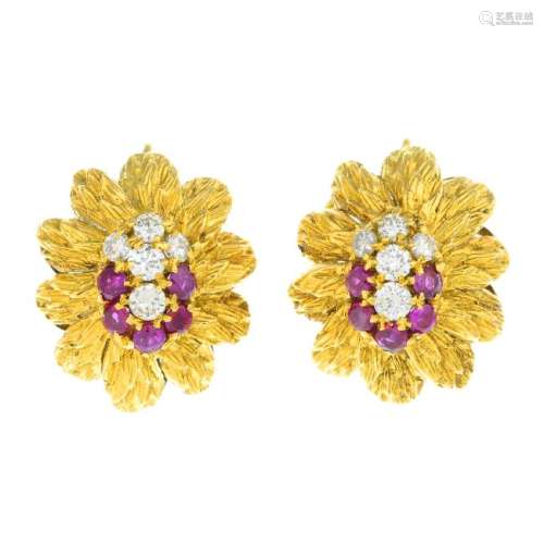 A pair of 1970s 18ct gold ruby and diamond earrings.