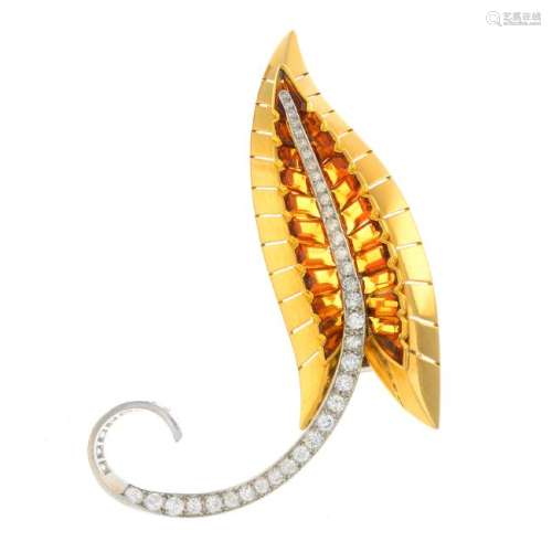 An 18ct gold and platinum, citrine and diamond brooch.