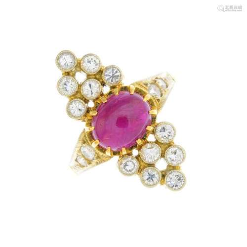 A ruby and diamond dress ring. Of marquise outline, the