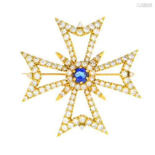 A sapphire and diamond Maltese cross pendant. Of