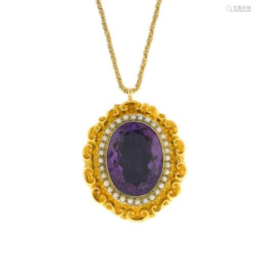A 19th century gold amethyst and split pearl pendant.