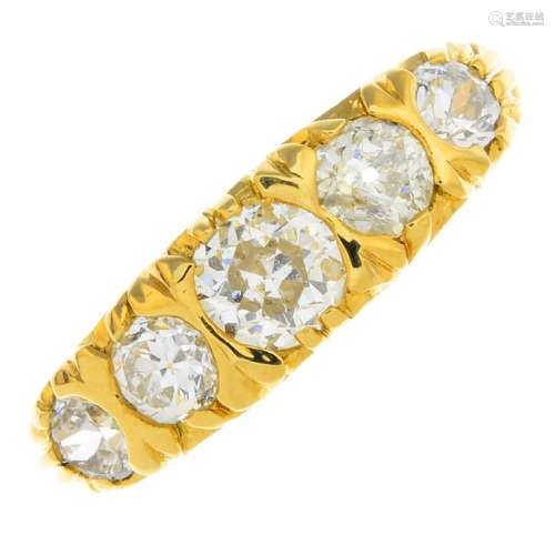 A 14ct gold diamond five-stone ring. The graduated old