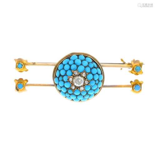 A late Victorian gold, turquoise and diamond brooch.