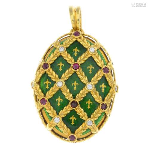 FABERGE - a diamond, ruby and enamel locket. Of oval