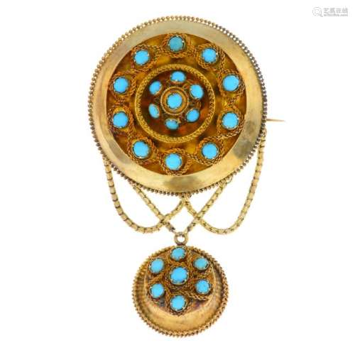 A late Victorian gold turquoise brooch. Of circular