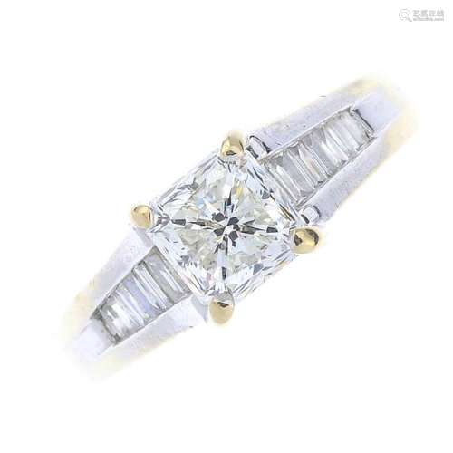 A diamond single-stone ring. The square-shape diamond,