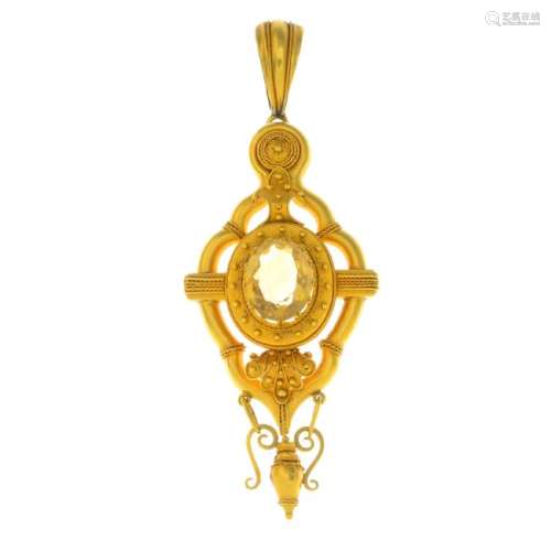 A late Victorian gold citrine pendant. Of openwork