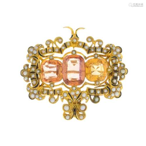 A late 19th century gold topaz, split pearl and enamel