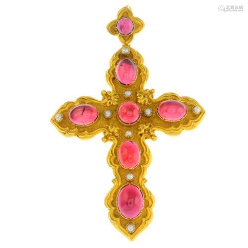 A late Victorian gold garnet and split pearl cross