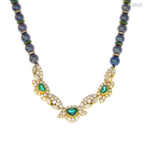 An emerald, diamond and cultured pearl necklace.
