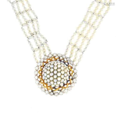 A seed pearl and diamond necklace. The circular seed