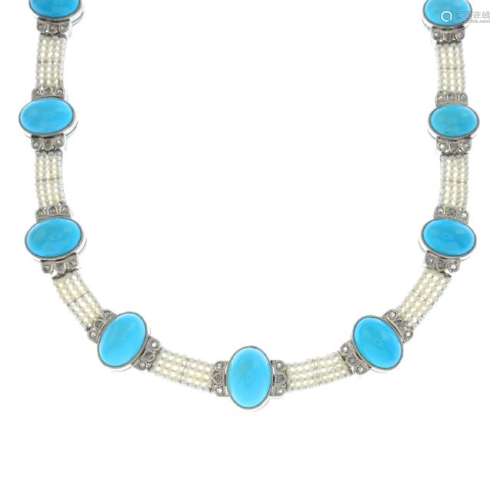 A turquoise, seed pearl and diamond necklace. The