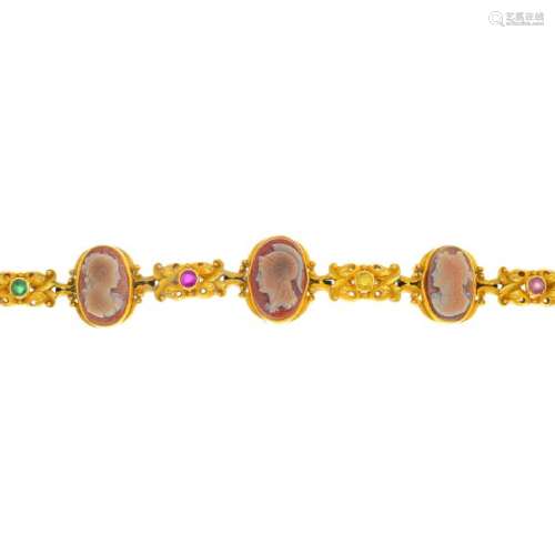 An 18ct gold hardstone cameo and gem-set bracelet.