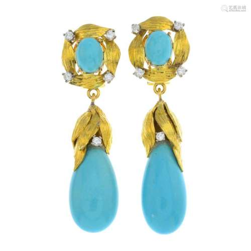 A pair of 1970s reconstituted turquoise and diamond