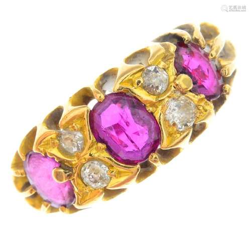 A late Victorian 18ct gold ruby and diamond ring. The
