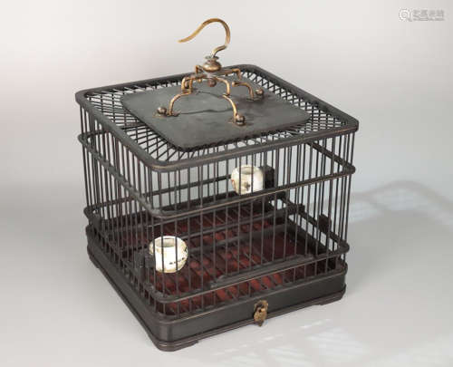 A SUANZHI WOOD CARVED BRONZE DECORATED BIRDCAGE