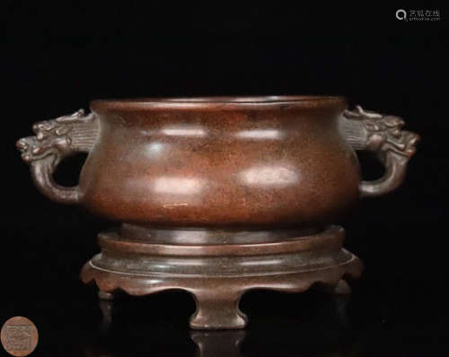 A BRONZE CASTED DOUBLE-EAR CENSER