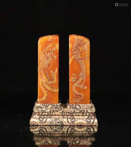 PAIR TIANHUANG STONE CARVED PHOENIX&DRAGON SEALS