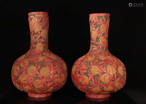 PAIR RED LACQUER CARVED FLORAL PATTERN VASE