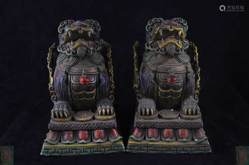 PAIR QILIN BEAST SHAPED BRONZE COLOR STATUES