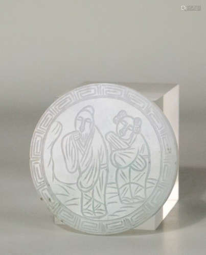 A JADEITE CARVED STORY PATTERN CIRCLE PENDANT