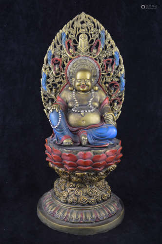 A BRONZE MOLDED COLOR LAUGHING BUDDHA STATUE