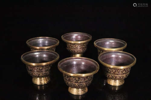 SET GILT BRONZE FLORAL PATTERN CUPS