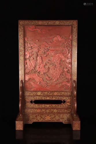 A RED LACQUER CARVED CHARACTER PATTERN SCREEN