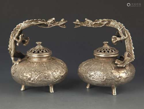 PAIR OF DRAGON HANDLE BRONZE AROMATHERAPY