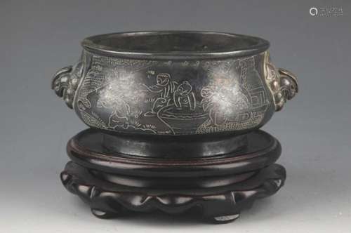 A BRONZE STORY CARVING DOUBLE EAR CENSER