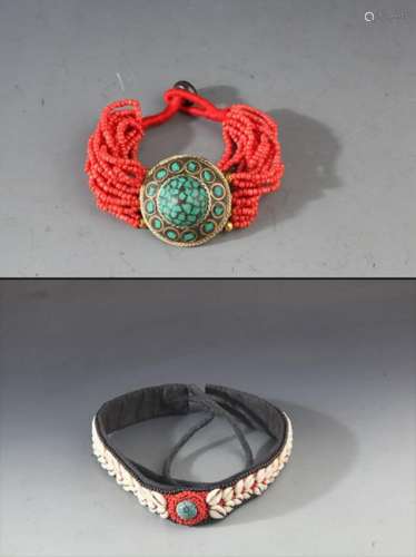 A CORAL HEADBAND AND CORAL BRACELETS