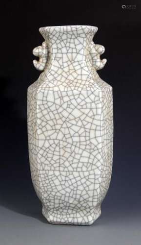 A TALL HEXAGONAL SHAPED DOUBLE EAR PORCELAIN BOTTLE