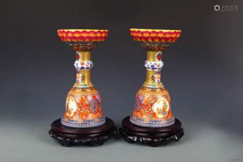 PAIR OF FAMILLE ROSE BIRD PAINTED CANDLESTICKS