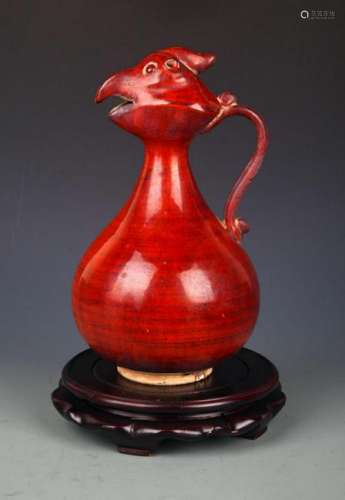 A RED GLAZED CHICKEN HEAD PORCELAIN WATER POT