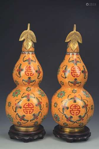 PAIR OF BRONZE CLOISONNE ENAMEL CUCURBIT SHAPE