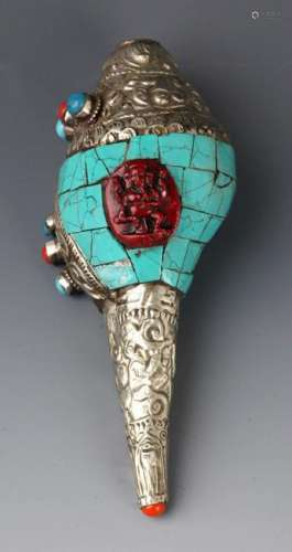 A FINE TIBETAN BUDDHISM SNAIL WITH TURQUOISE