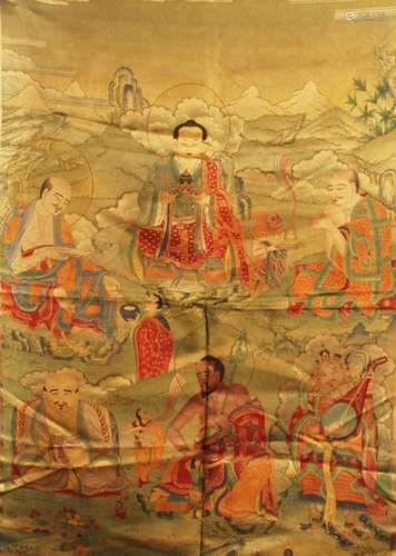 A FINE TIBETAN THANGKA BHAISAJYAGURU BUDDHA ON FABRIC