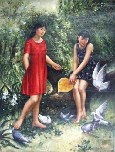A FINE OIL PAINTING, ATTRIBUTED TO SHU YU