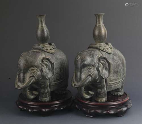 PAIR OF BRONZE ELEPHANT FIGURE CANDLESTICK