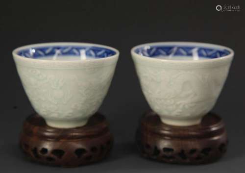PAIR OF BLUE AND WHITE DRAGON PATTERN PORCELAIN CUP