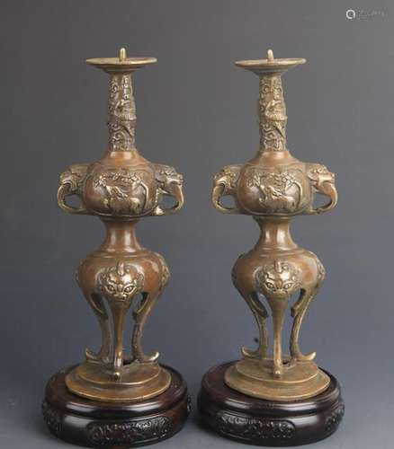 PAIR OF BRONZE CRANES FOOT CANDDLE STICK