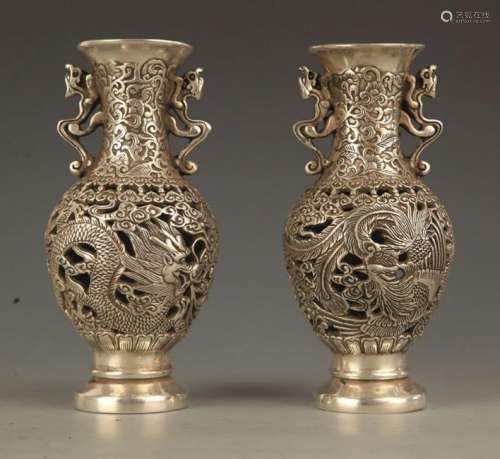 PAIR OF HOLLOW CARVING BRONZE DOUBLE EAR JAR