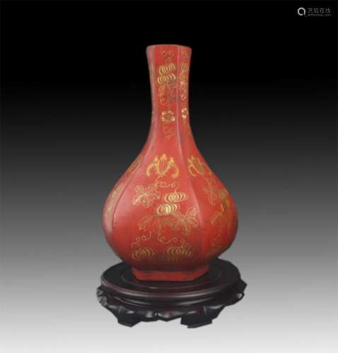 WOOD CHINESE LACQUER MELON SHAPED BOTTLE