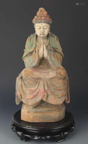 A CARVED AND PAINTED MANJUSRI BUDDHA